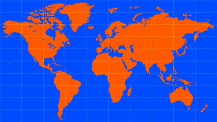 A minimalist world map, where the continents are highlighted in orange against a bright blue background of oceans. A white coordinate grid gives the image a rigorous and scientific feel.