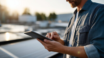 Faceless male engineer using digital tablet during inspection heavily defocused solar rooftop background anonymous professional conducting renewable energy assessment