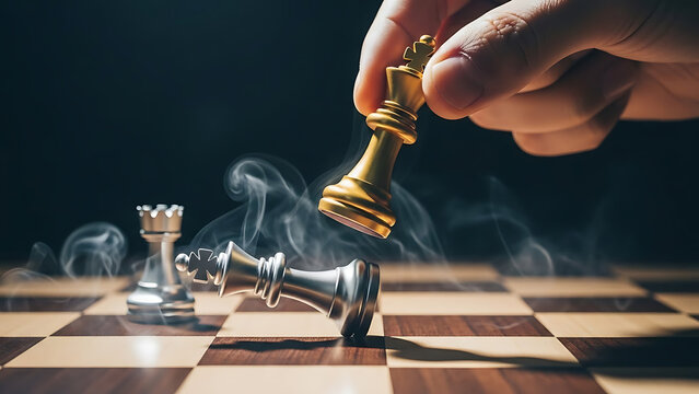 Strategic checkmate hand holds golden king over defeated piece