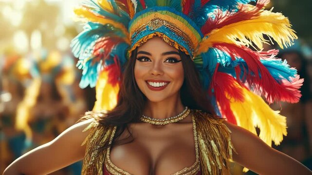 Brazil Carnival in Rio de Janeiro.Latin American beautiful woman in bright traditional clothes with feathers. Banner. Banner.