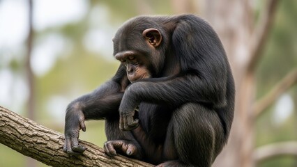 Chimpanzee sitting on a tree branch in a natural habitat, looking thoughtful and calm.