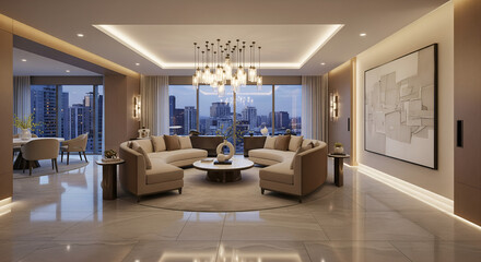 Fototapeta premium High-End Living Room Interior with Sophisticated Furniture, Polished Marble Flooring and Warm Ambient Lighting, Representing Comfort, Elegance and Premium Interior Design Concepts