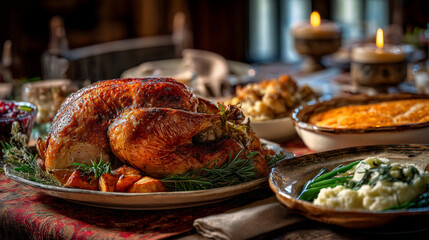 Holiday feast with roasted turkey and sides