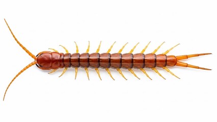 Close-up of a centipede on a white background.