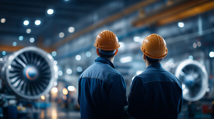 Two faceless workers in hard hats examining large jet engines heavily defocused manufacturing facility background anonymous technicians in bright spacious area machinery and