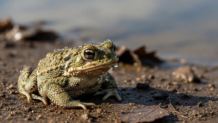 Obraz premium Close-up of a common toad sitting on the muddy shore of a body of water.