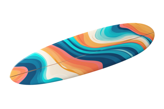 A modern surfboard with an abstract wave pattern in vibrant colors - Powered by Adobe