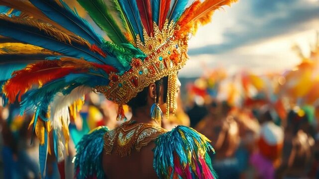 Beautiful dances samba amidst the colorful atmosphere of carnival in Rio de Janeiro on the background of fireworks.Bright traditional clothes with feathers. Banner. Copy space