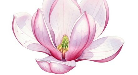 Naklejka premium Watercolor illustration depicts a partially visible blooming flower with soft pink and white petals against a pure white background.