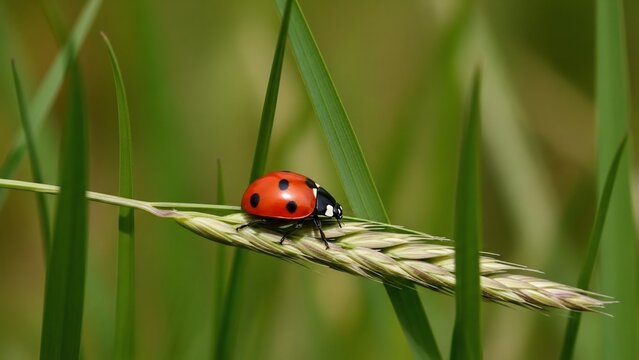 Close-up of a ladybug perched on a blade of grass in a lush green field. - Powered by Adobe