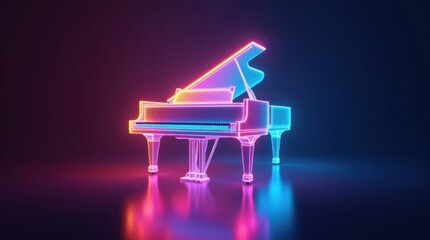 A futuristic grand piano rendered in vibrant neon colors against a dark background