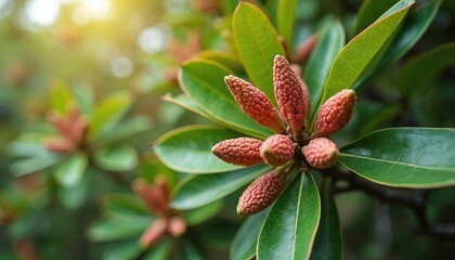 Evergreen magnolia tree branch with developing buds and glossy green leaves. Small reddish pink cone like fruits cluster tightly on stem in bright sunlight. Nature grows.