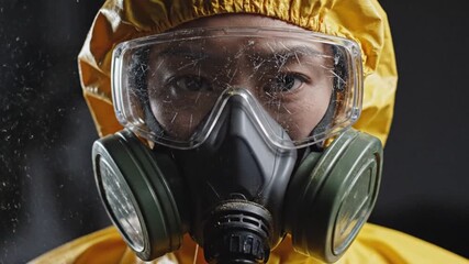 Close up portrait of a professional worker wearing full protective equipment and respirator mask highlighting industrial safety health protection and hazardous environment awareness