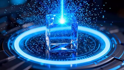 Blue crystal cube on futuristic interface - Powered by Adobe