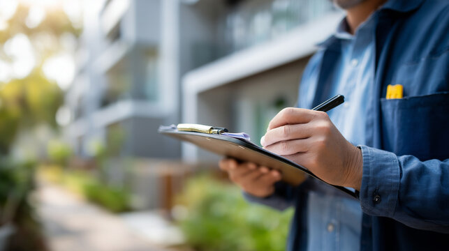 Faceless inspector or engineer inspecting construction heavily defocused new house background anonymous professional using checklist for quality assurance architects or contract