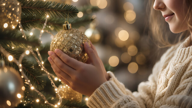Close-up of a woman holding a golden Christmas ornament near a decorated tree with warm lights, capturing a quiet, cozy moment of holiday reflection and seasonal warmth.