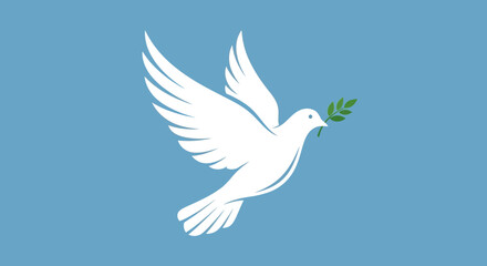 Fototapeta premium A white dove carrying an olive branch against a light blue background symbolising peace and hope