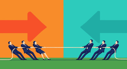 Obraz premium Business teams in tug of war competition with arrows on orange and blue background illustration