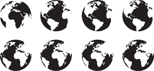 Eight rotating earth globe icons in black