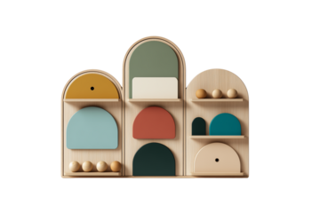 A modern wooden shelf unit with colorful abstract shapes and minimalist design