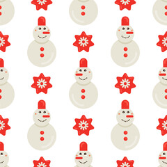 Seamless Christmas pattern with a snowman and a Christmas ornament. Minimalist flat style. Festive vector illustration on a white background.
