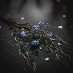 Forget-Me-Nots, a Poetic Symbol of Loss, Floating on Dark Water with Space for Text.