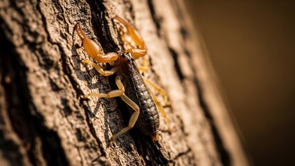 Close-up of a small scorpion crawling on rough tree bark in natural sunlight.