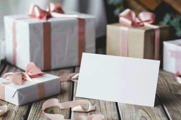 Blank Greeting Card Mockup with Gift Boxes and Pink Ribbon