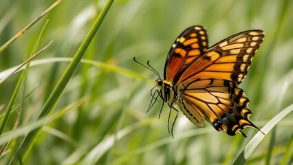 Obraz premium Close-up of a vibrant orange butterfly perched on a blade of grass in a sunlit meadow.
