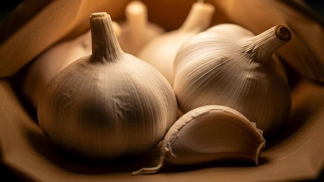 Close-up of garlic bulbs and cloves on wooden surface