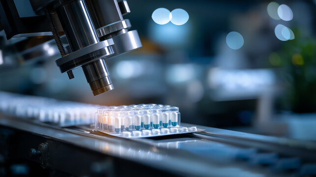 Automated pill packaging system with vision inspection heavily defocused background serialization ensuring supply chain security robotic arm placing blisters into boxes