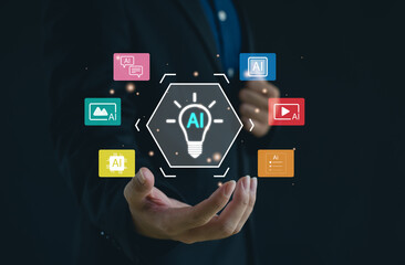 Fototapeta premium Artificial intelligence innovation concept with businessman presenting glowing AI light bulb interface, showing smart technology, digital solutions, automation, data, and future business development.