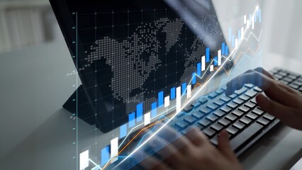 A businessperson engages in financial analysis using a laptop. The screen displays market graphs and stats, reflecting a modern business environment filled with data and insights. Copula