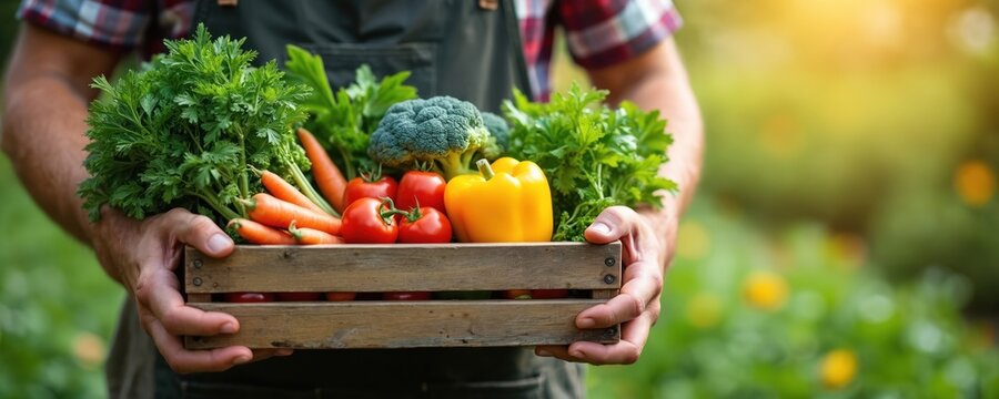 Farmer holds wooden crate with fresh vegetables including carrots tomatoes broccoli, yellow pepper. Gardener collects organic produce from farm garden in warm sunlight. Healthy food choice for