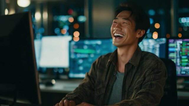Asian male cloud engineer smiling while monitoring server performance on desktop computer.