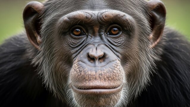 Close-up portrait of a chimpanzee looking directly at the camera with an intense gaze.