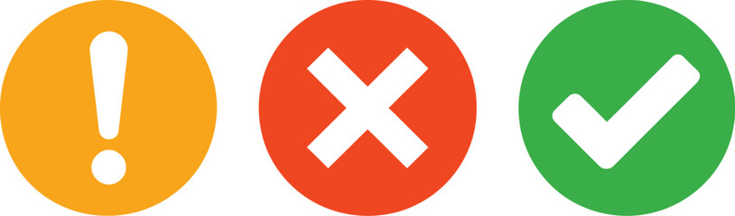 Fototapeta premium Set of three circular icons with an exclamation mark, a cross, and a checkmark on white background