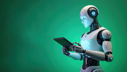 Android robot holds tablet device. Humanoid bot uses touchscreen interface. Future AI technology works on digital data. Futuristic machine interacts with modern gadget.