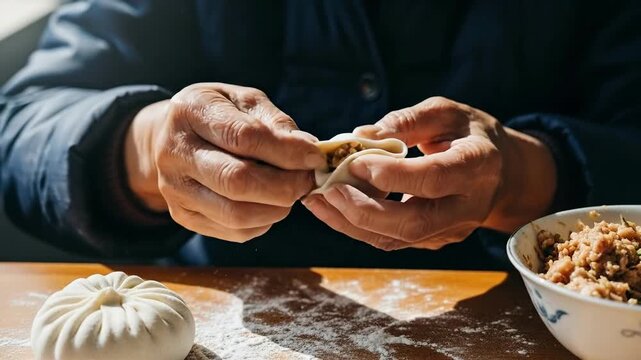 Close-up of hands shaping dough in a rustic kitchen