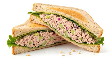 Delicious tuna salad sandwich cut in half on white background