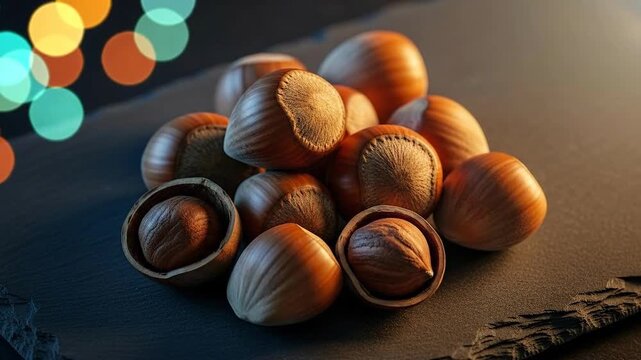 Close-up of hazelnuts arranged on a dark surface with colorful background