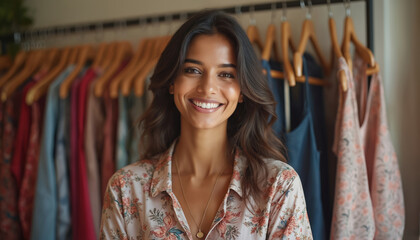 Smiling Indian woman boutique owner stands before clothing racks. She works in a small fashion shop. Her apparel displays floral patterns. She feels happy.
