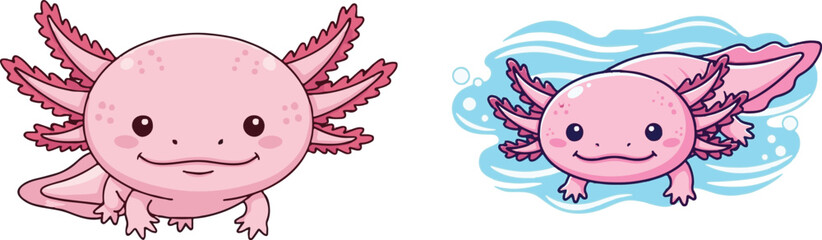 Adorable pink axolotl cartoon character illustration set featuring one static pose and one swimming in blue water bubbles
