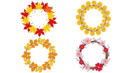 Decorative Autumn Wreaths with Leaves, Berries, and Flowers on White Background