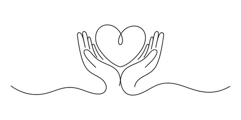 Continuous line art illustration of hands holding a heart, symbolizing care and love Vector, illustration