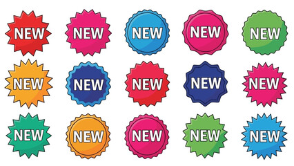 Collection of vibrant starburst badges with the word NEW for various promotional uses