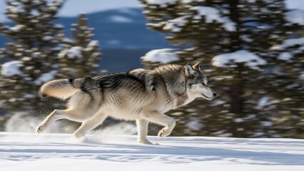 Obraz premium Majestic Wolf Running Through Snowy Forest Landscape.
