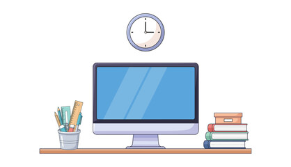Modern Workspace Desk with Computer Monitor and Office Supplies Vector Illustration