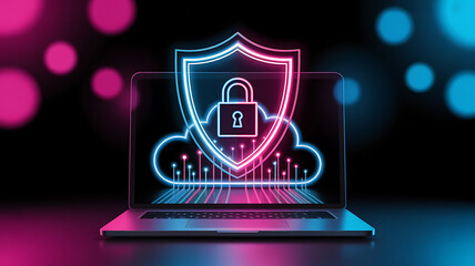 Digital Illustration of a Glowing Neon Shield Padlock and Cloud Icon Over a Laptop Screen Technology Data Protection Cloud Computing and Network Security Concept