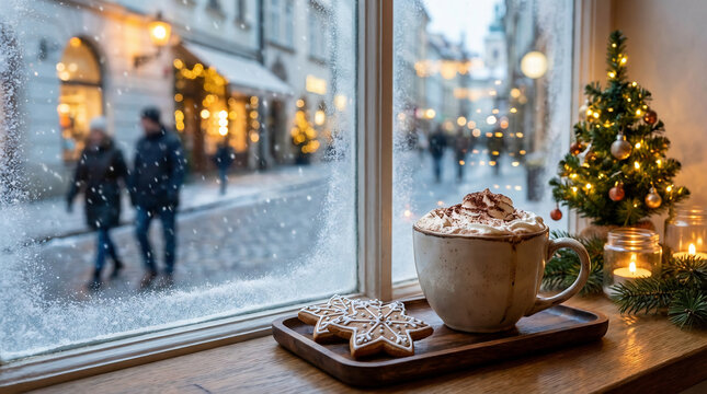 Cozy caf&eacute; window scene with hot chocolate and pastries on the table, snowy street outside and warm lights inside, creating a calm winter holiday atmosphere.